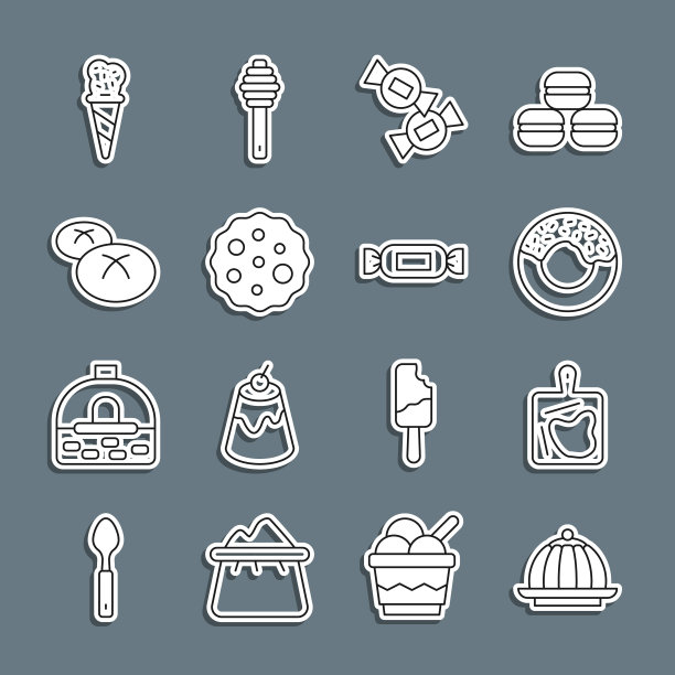 固定线布丁蛋奶沙司，切板，甜甜圈，糖果，饼干或饼干，面包，冰淇淋华夫蛋筒和图标。向量图片下载