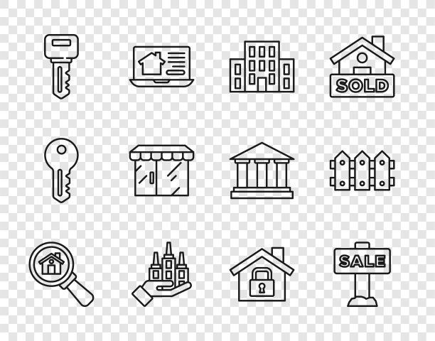 Set line Search house, Hanging sign with Sale, house, Skyscraper, key, Market store, under protection and Garden fence木制图标。向量图片下载