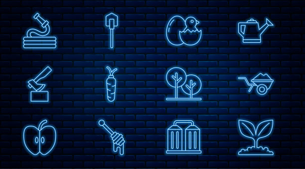 Set line Plant, Wheelbarrow with dirt, Little chick in cracked egg, Carrot，木制斧头，花园软管，树和铲子图标。向量图片下载