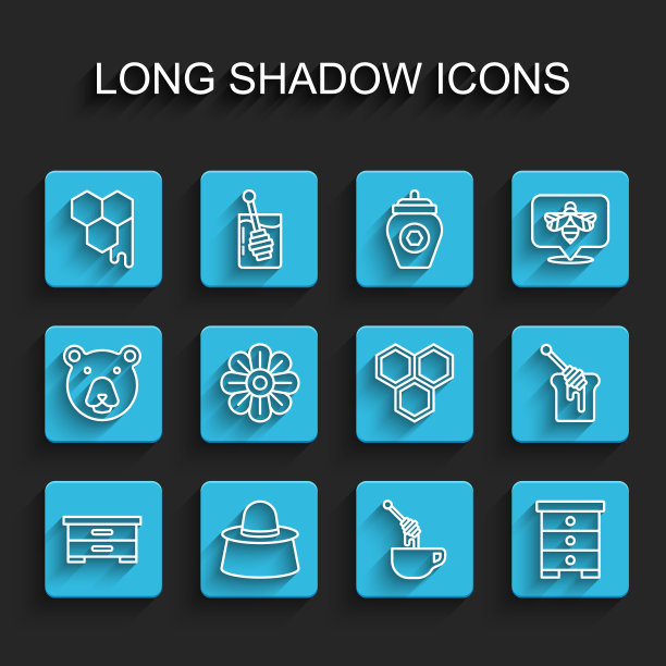 设置线蜂房为蜜蜂，养蜂人与保护帽，蜂巢，勺棒蜂蜜，花，和图标。向量图片下载