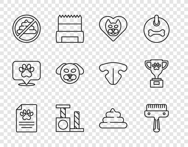 设置线临床记录宠物，毛刷为狗和猫，心与，猫抓柱，无大便，狗，大便和宠物奖图标。向量图片下载