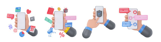 手里拿着电话。社交媒体传播平台概念。评论,等等。网上购物的概念。数据安全的概念。3 d渲染图图片下载