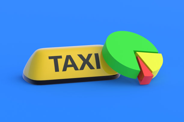 黄色出租车标志靠近饼图。旅客流量统计。盈利报告,盈利能力。审计的结果。规划、发展战略。细分市场分析。三维渲染图片下载