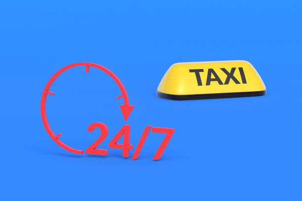 靠近时刻表的黄色出租车标志。24小时客运工作。副本的空间。三维渲染图片下载