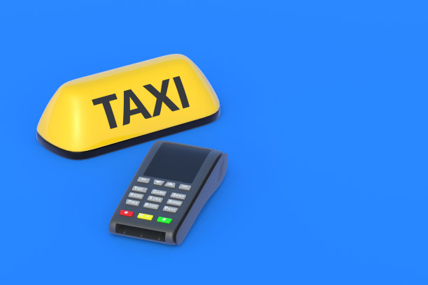 收银台附近的黄色出租车标志。支付承运人服务。现代计算方式。无现金支付特许经营成本。客运出租。三维渲染图片下载