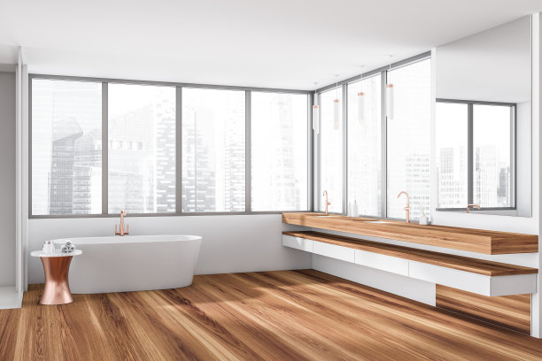 角落视图明亮的浴室内部有两个水槽，浴缸图片下载