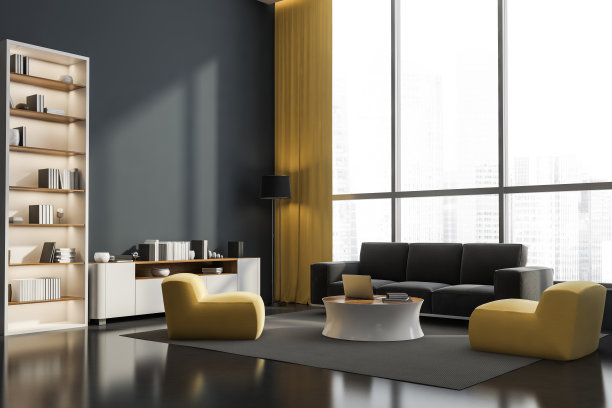 全景灰色客厅与白色和黄色的细节。角落里的观点。图片下载