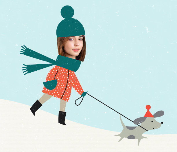 现代设计，当代艺术拼贴。灵感，创意，时尚都市杂志风格。年轻女孩穿着暖和的冬衣牵着狗散步图片下载