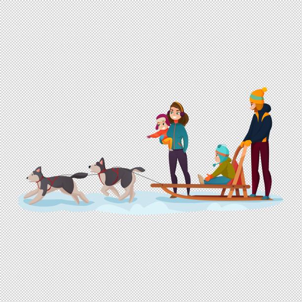 一家人滑雪阿拉斯加犬图片下载