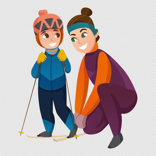 妈妈小孩学习滑雪图片下载