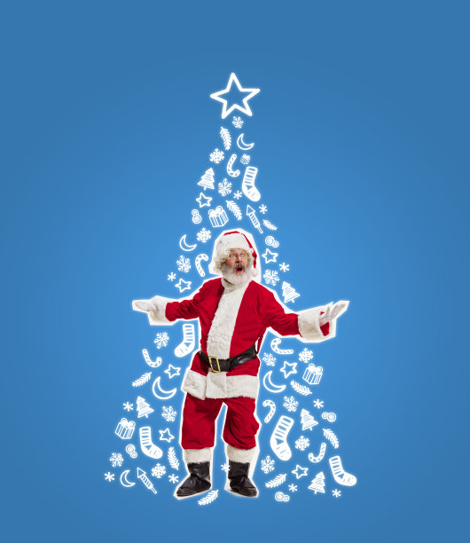 充满感情的圣诞老人，向世界所有人祝贺新年和2022年圣诞节。当代艺术作品图片下载