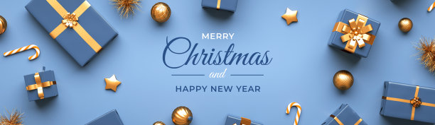 圣诞快乐网页头横幅与礼物，球和文字在一个蓝色的背景。圣诞节和快乐的新年类型的平面lay卡片设计在3D插图。图片下载