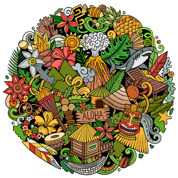 夏威夷卡通矢量涂鸦插图。图片下载