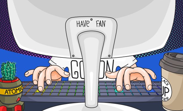 玩家玩电子游戏。卡通插图。向量的海报图片下载