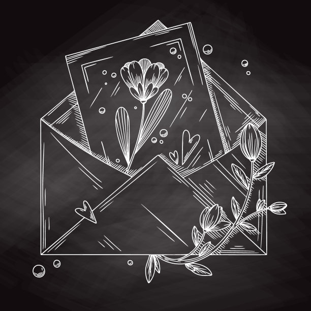 信封上有明信片、鲜花和爱心。假期计划。素描风格的矢量插图。图片下载