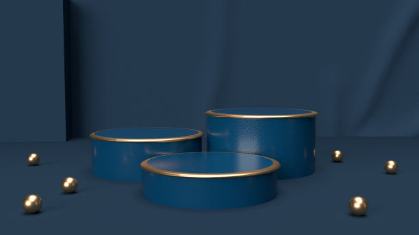 3d渲染的抽象平台与金色，深蓝色的形状和窗帘。几何形状的现代最小设计。现实的布局推广，横幅背景，产品展示。图片下载