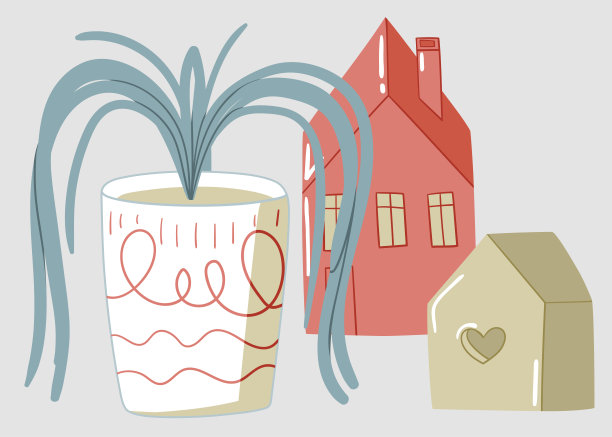 家用装饰插图与植物和陶瓷房子图片下载