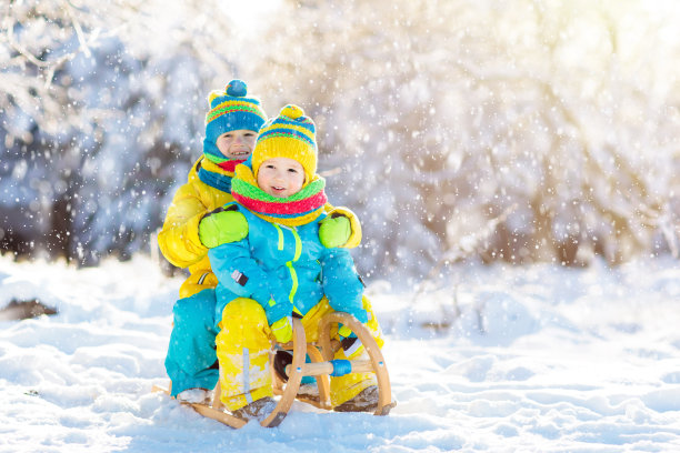 孩子们在雪中玩耍。孩子们的冬季滑雪橇图片下载