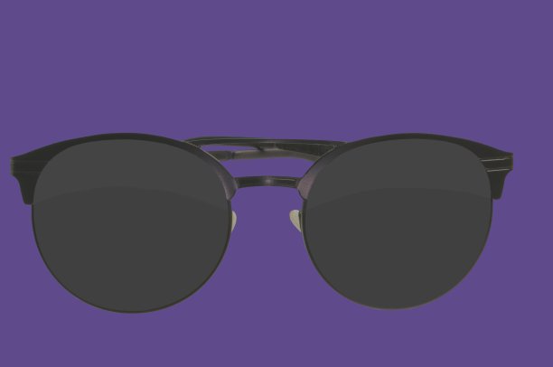 太阳镜。黑色太阳镜,特写。太阳眼镜。老式的太阳镜。深色镜片眼镜。老式太阳镜在紫外线颜色的背景。近距离的磨损太阳镜。Horizonatal形象。本空间图片下载