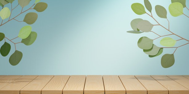 化妆品展示产品支架，木制桌面桌和绿色叶子植物在蓝色的背景。3 d渲染图图片下载