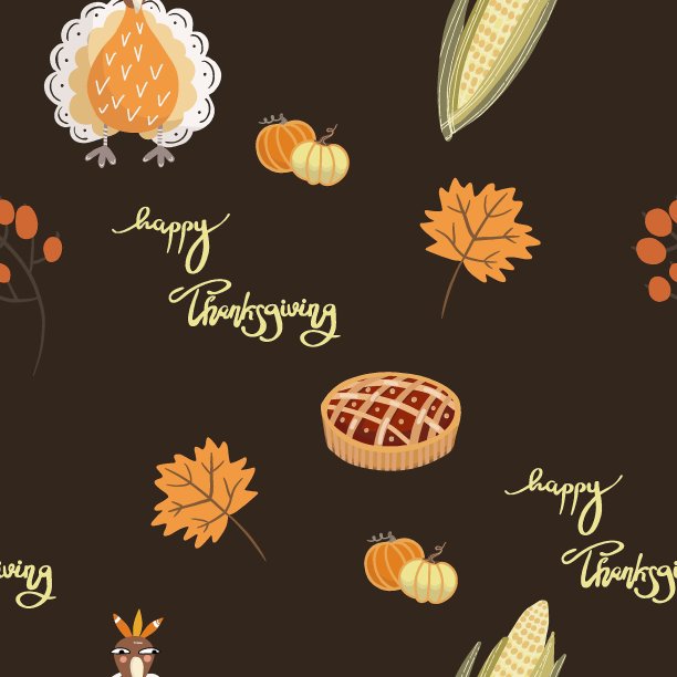 无缝图案的火鸡，馅饼，秋叶，玉米，在黑暗的背景上，感恩节。图片下载
