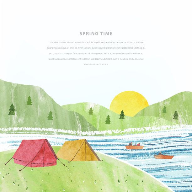 水彩旅游向量模板帐篷，渔民，河流，日出和山。模板框架的邀请，海报，传单，横幅，卡片。图片下载