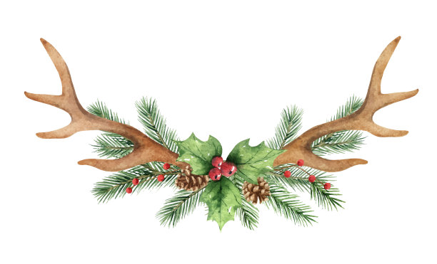 水彩向量圣诞卡片与角和花束。插图明信片，邀请和问候孤立在一个白色的背景。图片下载