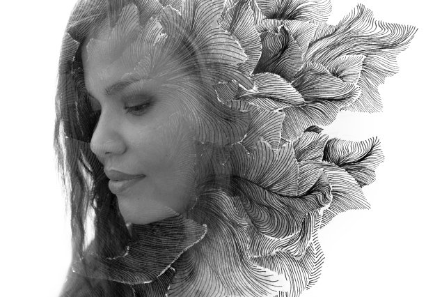 Paintography。抽象表现的水墨画结合了一个亚洲女人的侧面肖像图片下载