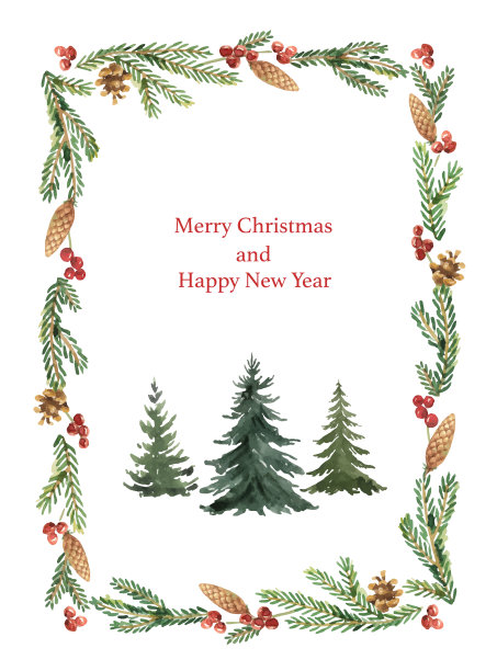 水彩向量圣诞卡与绿色枞树和树枝。插图明信片，邀请和问候孤立在白色的背景。图片下载