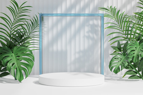 化妆品展示产品架，白色平台，玻璃幕墙，自然棕榈叶在浅色背景。3 d渲染图图片下载