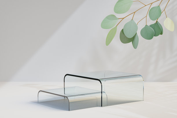 化妆品展示产品展台，台阶透明玻璃平台与自然棕榈叶在浅色背景。3 d渲染图图片下载