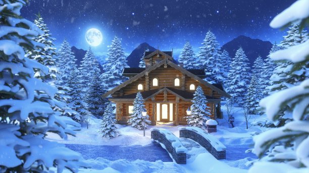 新年和圣诞节背景。圣诞树。树枝在雪中。树林中的木屋。夜晚的神奇森林，蓝色的天空，星星和明亮的月亮。景深。三维渲染图片下载