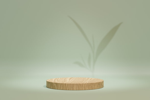 化妆品展示产品展台。木筒裙摆上淡雅的绿茶底色，带着绿茶的叶影。3 d渲染图图片下载