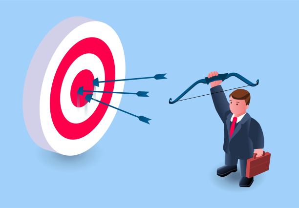 商人手持一切弓箭射中靶心，完成目标和任务，成功的商人图片下载