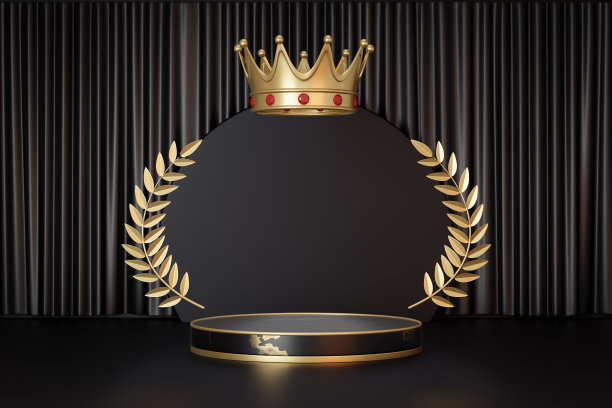 化妆品展示产品支架，大理石黑金圆柱平台与金色皇冠在黑色背景。3 d渲染图图片下载