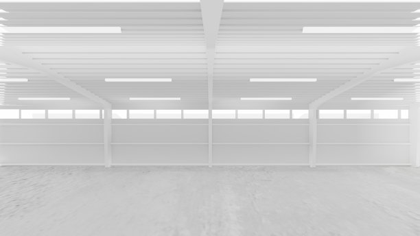 在透视图中，白色仓库背景与混凝土地板。3 d图呈现。图片下载