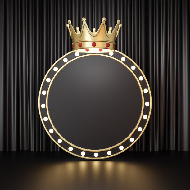 化妆品展示产品支架，黑色背景上的黑金圆框与金色皇冠。3 d渲染图图片下载