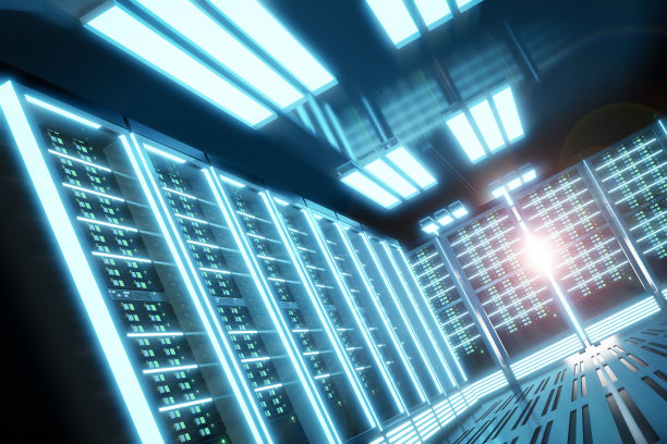 服务器机房的灯光在黑色主题中闪耀。3 d illusration呈现。图片下载