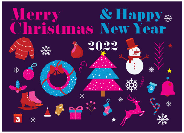 在紫色背景与圣诞节向量现代图标和插图元素。装饰品有圣诞帽，驯鹿，礼物，树，雪花，袜子，雪人。庆祝贺卡。图片下载