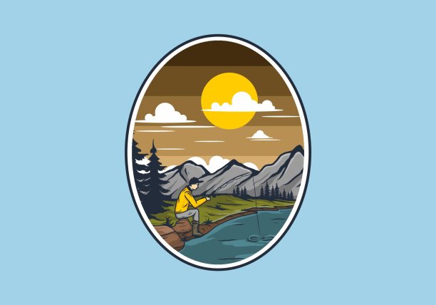 野外钓鱼插画设计图片下载