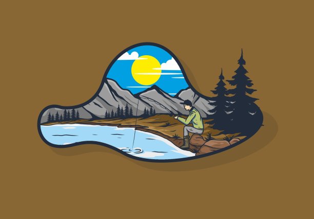 野外钓鱼插画设计图片下载