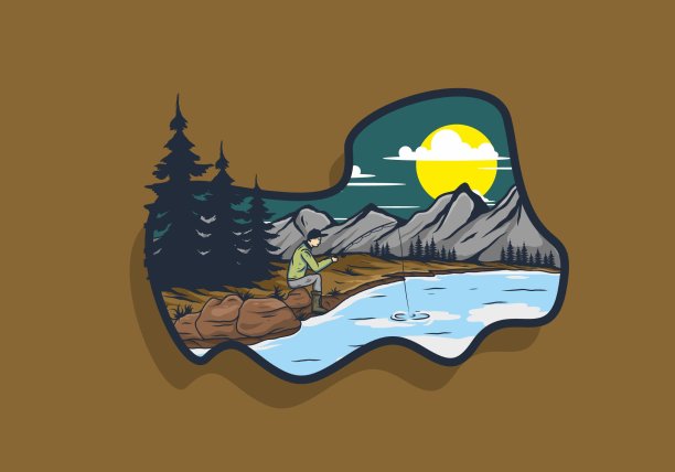 野外钓鱼插画设计图片下载
