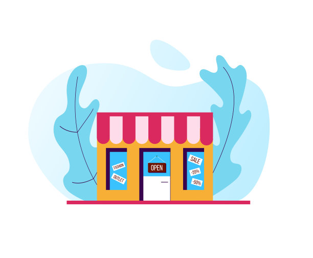 风格化的Outlet Shop与开放的标志平坦的风格图片下载