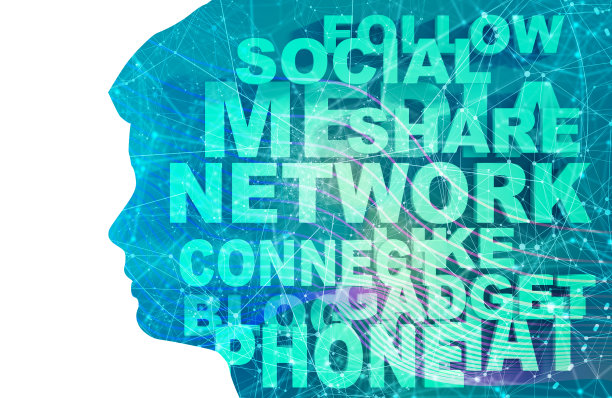 男性头部剪影和互联网技术标签云图片下载