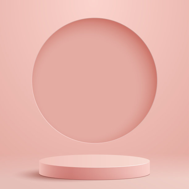 抽象最小的场景与几何形式。圆柱体裙台粉红色工作室的背景。产品演示模拟。3 d矢量插图。图片下载