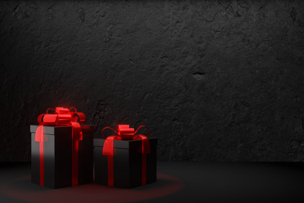 数码产品的背景。两个黑色礼盒与红色蝴蝶结丝带纹理混凝土黑色背景。3 d图呈现。图片下载