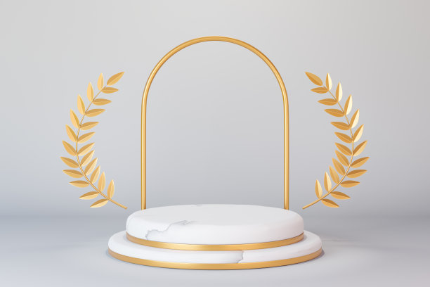 3 d渲染背景。台阶大理石白色金色圆柱讲台与金色橄榄叶和拱形白色背景。形象展示。图片下载