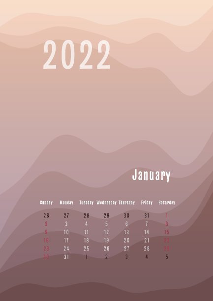 2022年1月竖历每月分开。每月个人计划模板。山峰轮廓抽象梯度彩色背景，设计为印刷和数字图片下载