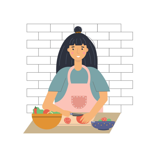 厨房里的女人用刀把西红柿切成沙拉。烹饪概念。图片下载