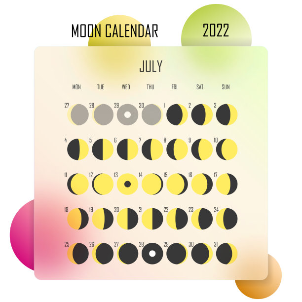 2022年6月农历。占星日历的设计。计划。贴纸的地方。月周期计划模型。孤立的彩色玻璃形态背景图片下载